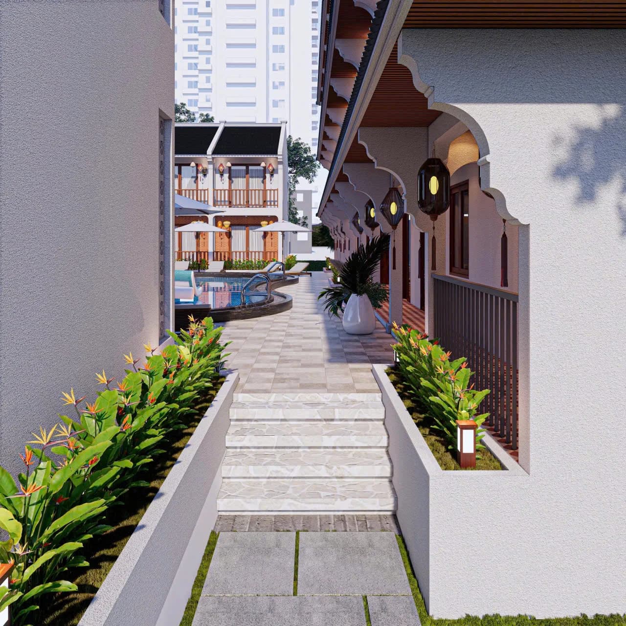 Rendering, Long Beach Resort — Walkway between the room wings