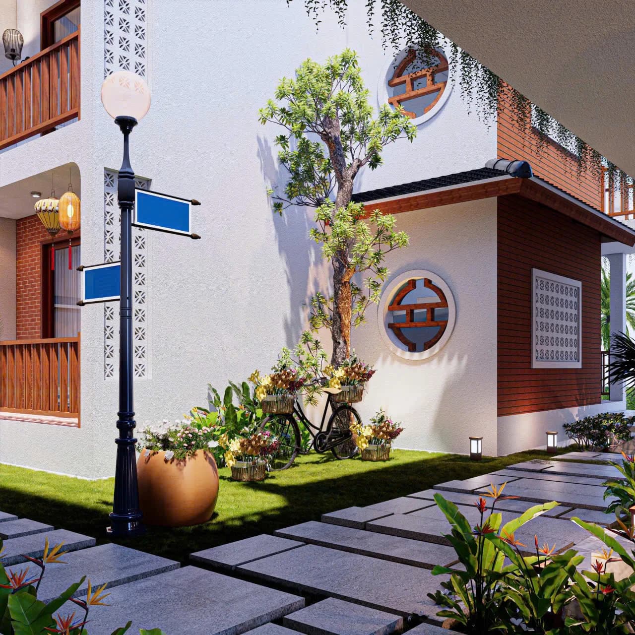 Rendering, Long Beach Resort — Garden court with signposts
