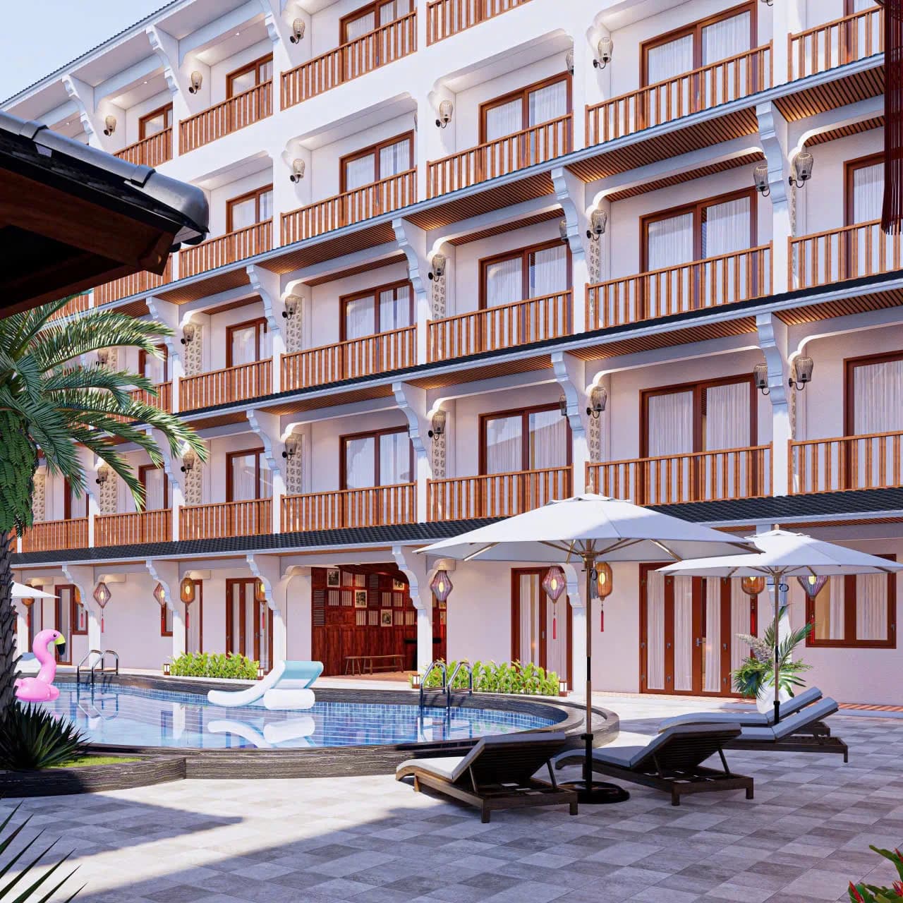 Rendering, Long Beach Resort — Guest wing above the pool