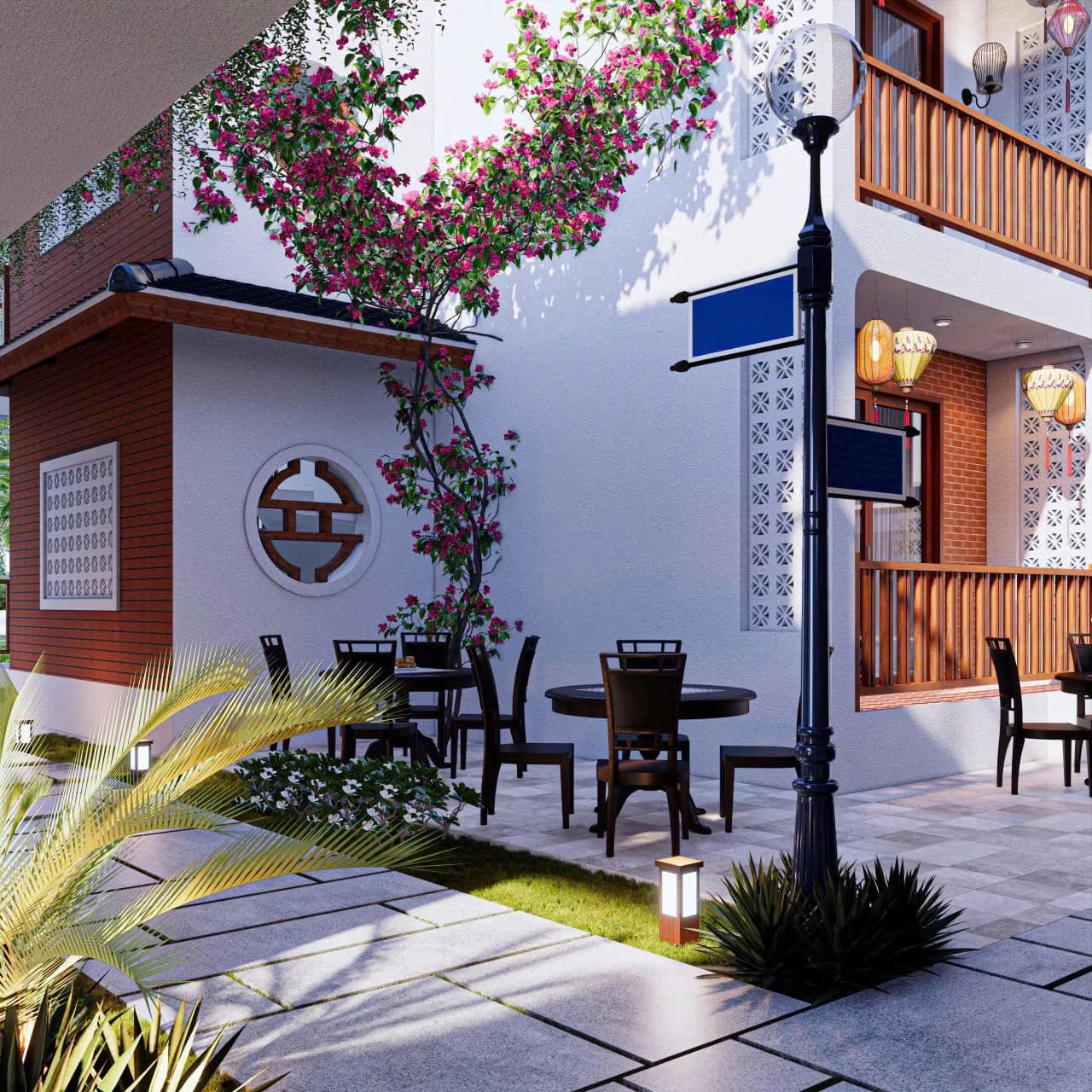 Rendering, Long Beach Resort — Café corner in the courtyard