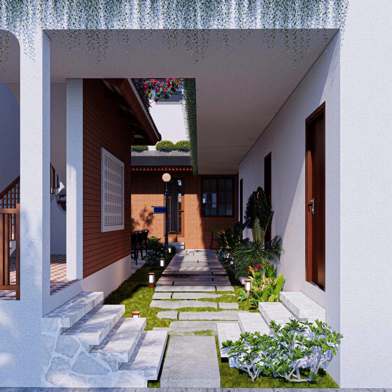 Rendering, Long Beach Resort — Entrance to a room wing