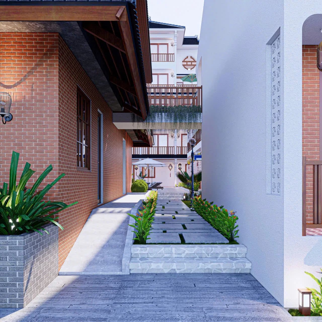 Rendering, Long Beach Resort — Green lane between two blocks
