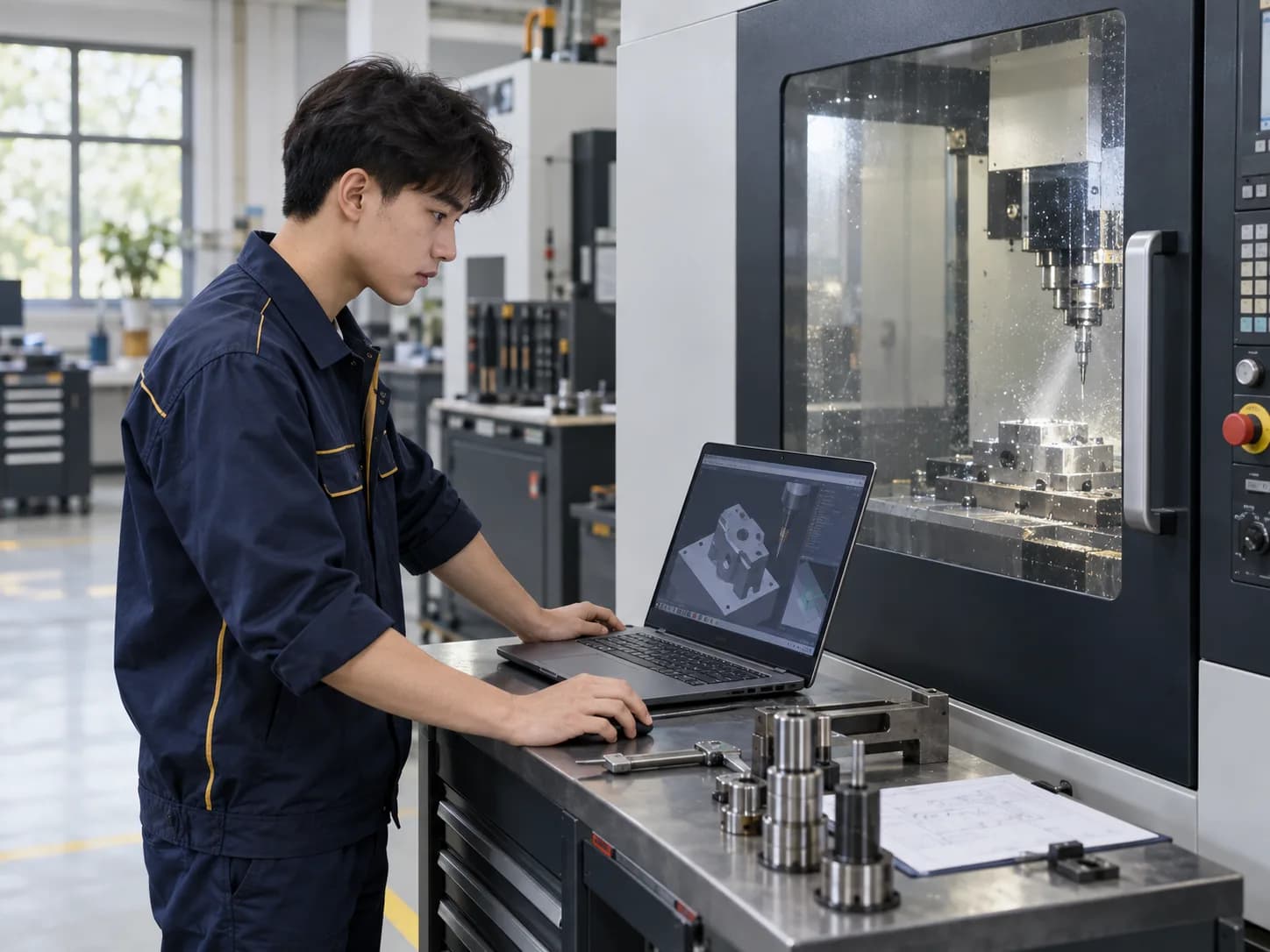 CNC 機のかたわらで、加工プログラムをノートパソコンで読む学習者