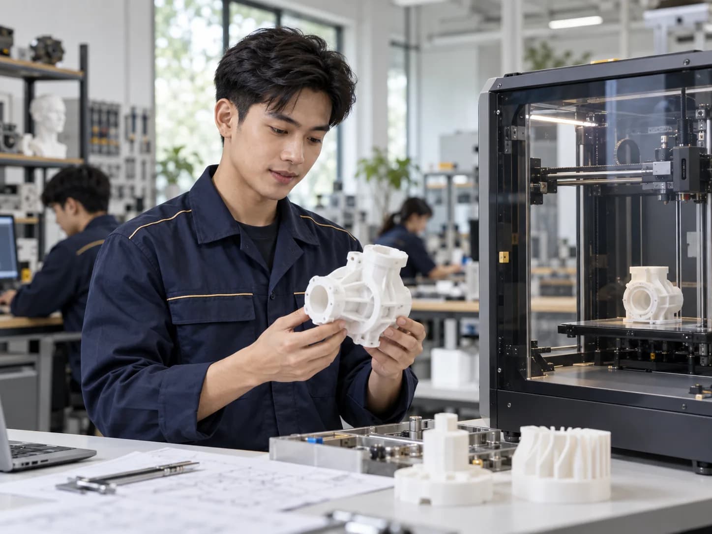 刷り上がった部品を手に、3D プリンターの前に立つ学習者