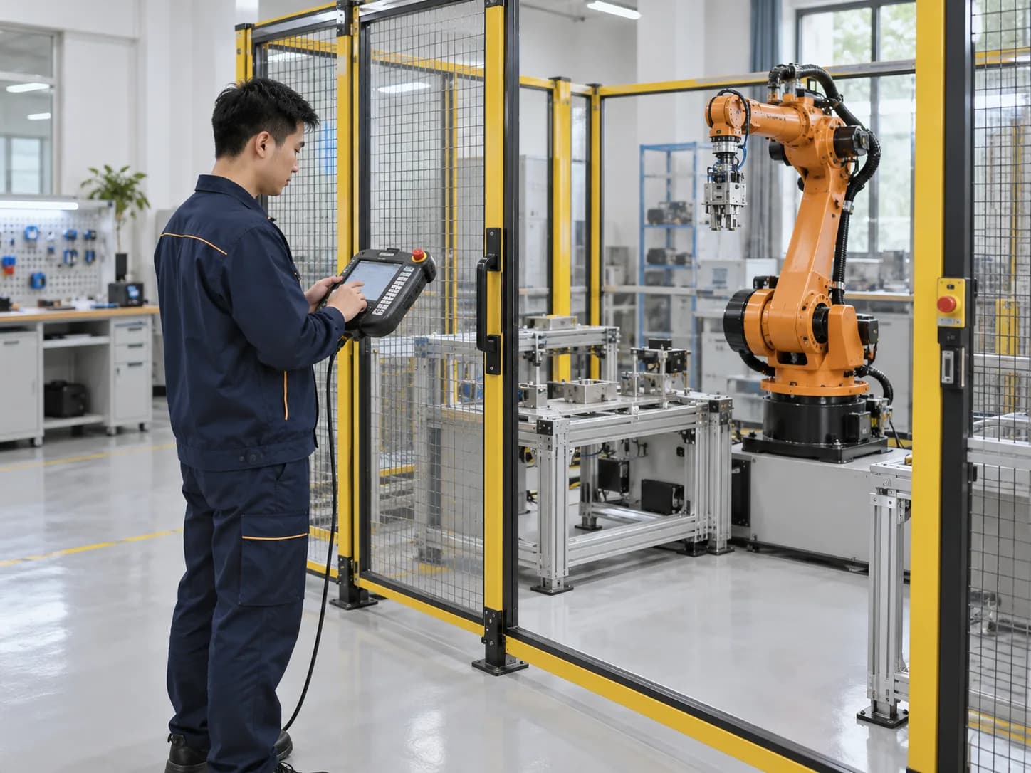 ティーチングペンダントを手に、産業用ロボットに動きを教える技術者