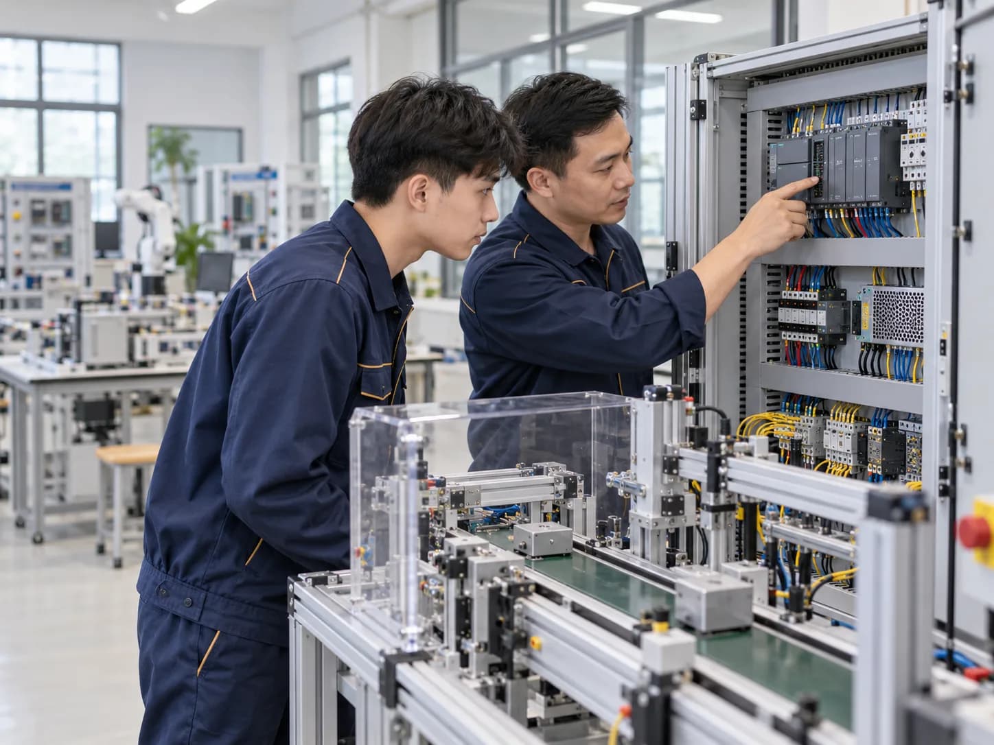 自動化セットの制御盤で、回路をたどる二人